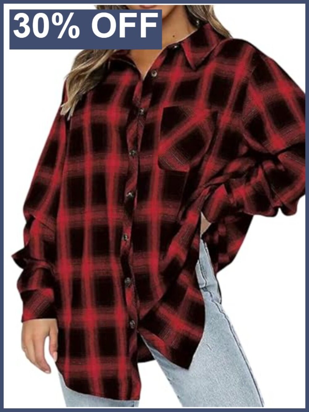 Womens Oversized Plaid Flannel Button Down Shirt Long Sleeve Shacket Blouse